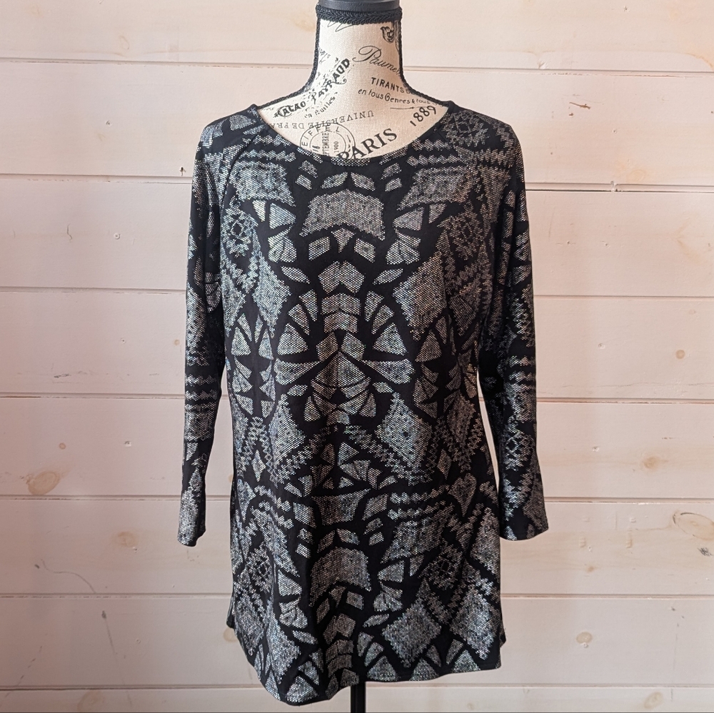 Nygård metallic geometric shift dress black silver 3/4 sleeve size M
